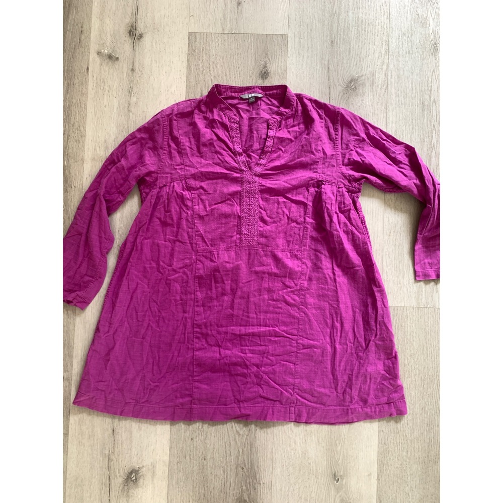Uniqlo Magenta Purple Embroidered Cotton Tunic Top Boho V-Neck Long Sleeve M